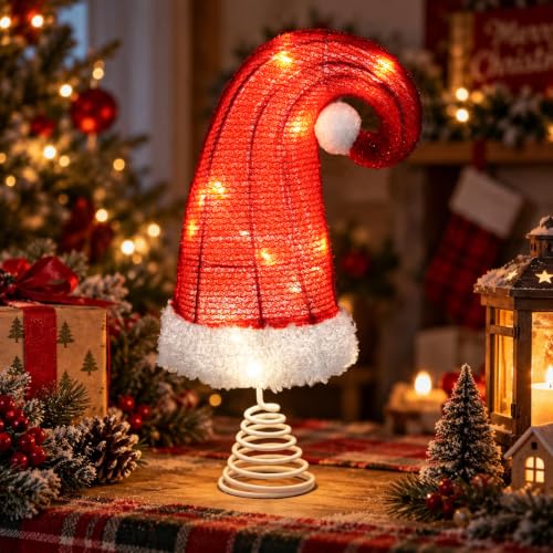 8 Inch Red Santa Hat Christmas Tree Topper with 6H Timer (Battery Operated) - Santi Hat Variation 8 Inch Red Hat