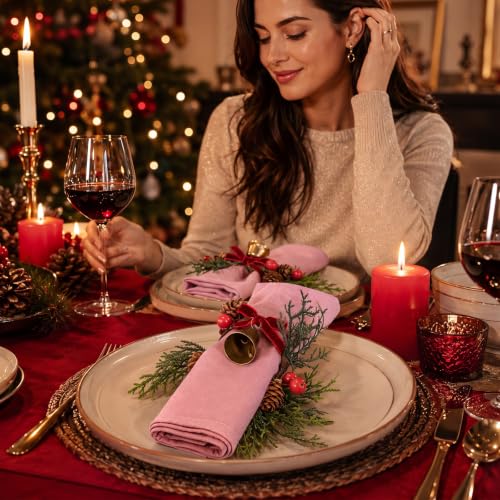 Rtteri 6 Pack Christmas Cedar Wreath Napkin Rings 3.15" Holiday Table Decor