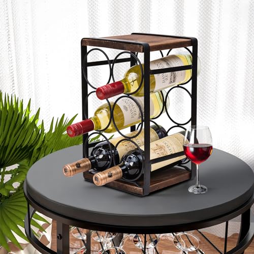 Brown Rustic Wood Countertop Wine Rack - Holds 6 Bottles, No Assembly Needed