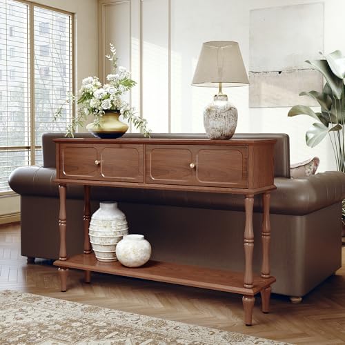 47-Inch Mid-Century Console Table with 2 Drawers and Open Shelf, Brown