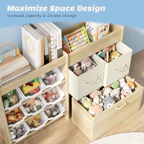 Solid Pine Kids Toy Storage Organizer with 9 Bins, 2 Drawers and Toy Chest