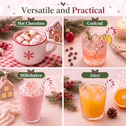 SiliFine 8-Inch Christmas Candy Cane Glass Drink Stirrers - Pack of 6, White and Red