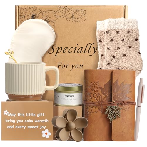 Eirunyx Gift Basket for Women Brown01 - Self Care & Birthday Gifts, Deluxe Set with Mug, Candle, Notebook & More