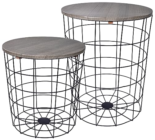 Nesting Side Table Set of 2 with Wire Basket Base and Wood Top