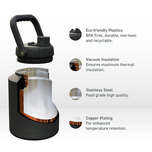 Asobu Mighty Stainless Steel Double Walled Insulated Jug 68 Ounces - Half Gallon (Dark Grey)