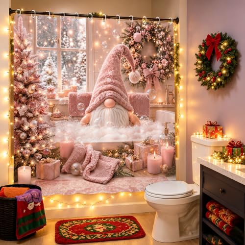Romart Pink Christmas Gnome Shower Curtain 72x72 Inch - Holiday Bathroom Decor