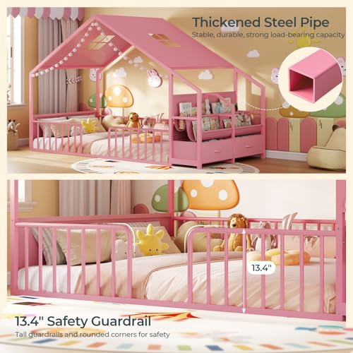 Twin Montessori House Bed with Guardrails, Book Shelf & Storage Drawers