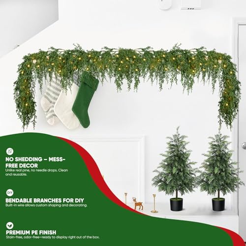 Cypress 9FT Artificial Christmas Garland with Lights - Indoor Outdoor Decor