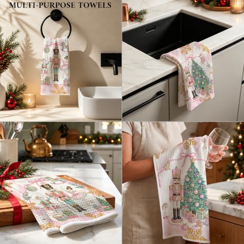 2 Pcs Pink Nutcrackers Merry Christmas Kitchen Towels - 14x24 in Multi 0877