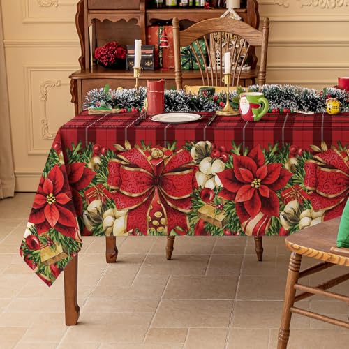Softalker Christmas Rectangle Tablecloth 60 x 102 Inch, Red Checkered – Plaid Flower