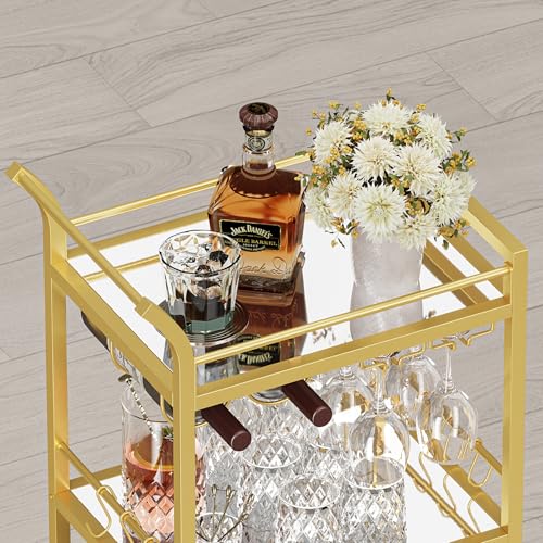 3-Tier Gold Bar Cart with Mirrored Shelves, Wine Rack & Glass Holder