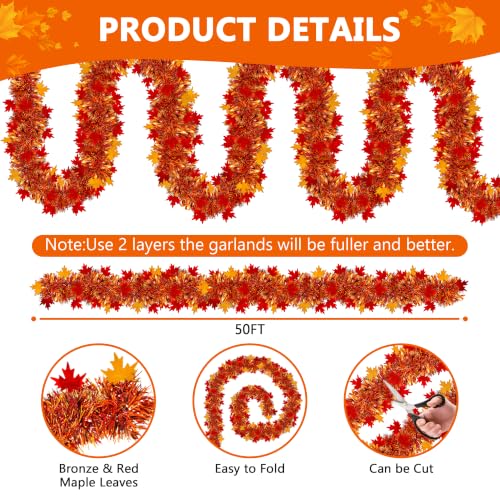 50ft Fall Maple Leaves Tinsel Garland, Metallic Twist Autumn Harvest Decor