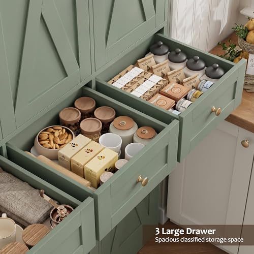 67" Farmhouse Kitchen Pantry Cabinet with Drawers, Green Storage Cupboard