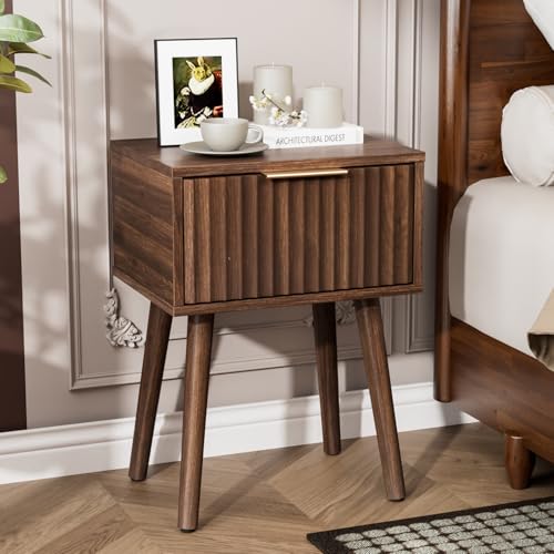 Fluted Nightstand Set of 2, Mid-Century Modern Wood Bedside Tables, Walnut