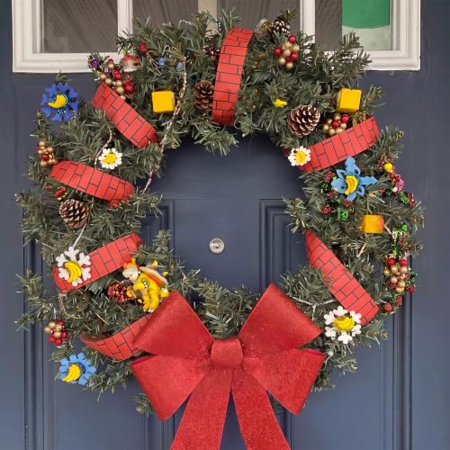 Yunlly Super Brother Christmas Ribbon - Red Brick Video Game Theme, 3.9in x 14.8ft