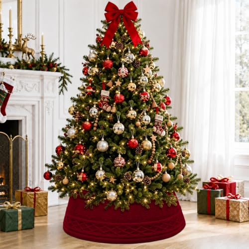 Red Knitted Christmas Tree Collar 28in Xmas Tree Skirt Base Cover - ASTNIC