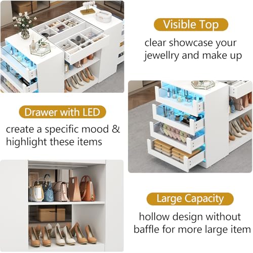 Modern Closet Island with 10 Drawers, Glass Top, and LED Lighting - White