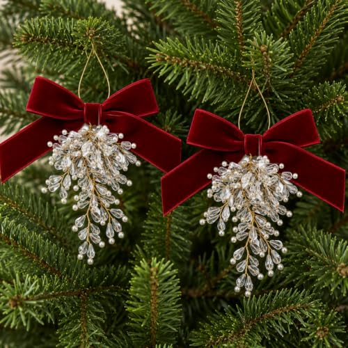 Mifoci 4-Pack 8.5-Inch Christmas Crystal Mistletoe Ornaments with Burgundy Bows