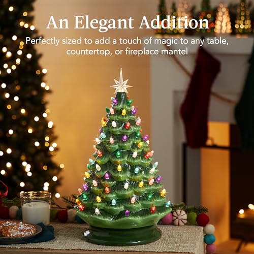 18-Inch Pre-Lit Hand-Painted Ceramic Christmas Tree - Tabletop Holiday Decor