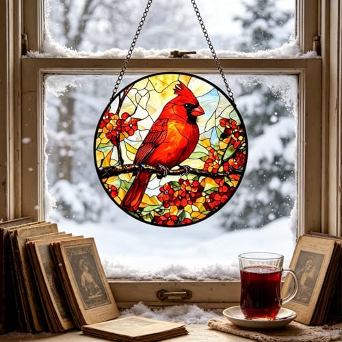 Cardinal Stained Glass Suncatcher Panel - 7.8 Inch Window Decor