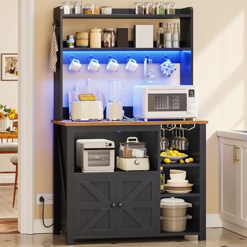 35.4-Inch Farmhouse Coffee Bar Cabinet with Power Outlet and LED Lights