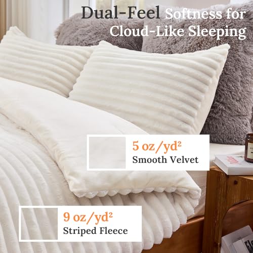Fluffy Queen Comforter Set, 3-Piece Soft Faux Fur Fleece Bedding, Cream White
