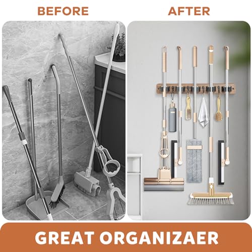 Rustic Wood Broom and Mop Holder Wall Mount with 5 Racks and 4 Hooks