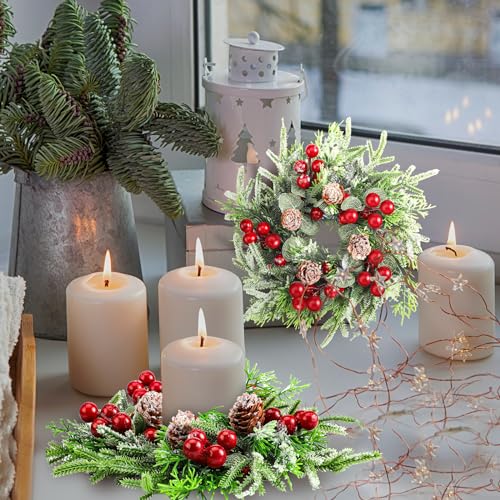 4-Pack Mini Christmas Candle Ring Wreaths with Berries & Pinecones