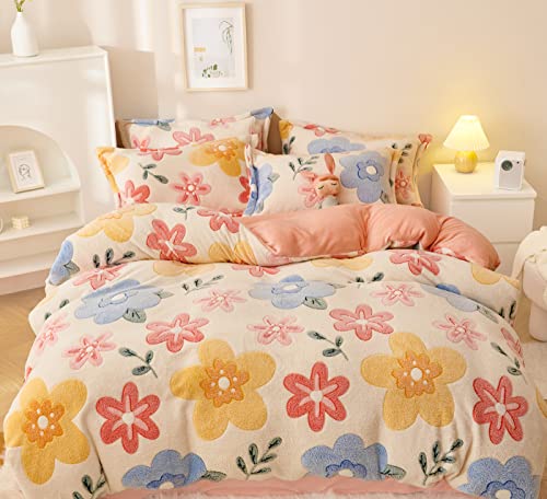 Queen Size Pink Floral Duvet Cover Set, Ultra Soft Faux Fur Bedding