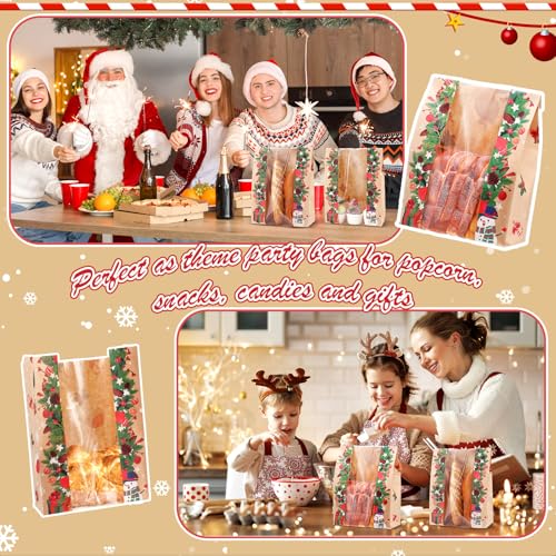 200 Pcs Christmas Kraft Paper Bread Bags with Window & Stickers, 13.7x8.2x3.5in Large Sourdough Bags (SilTriangle, 200 qty, Christmas)
