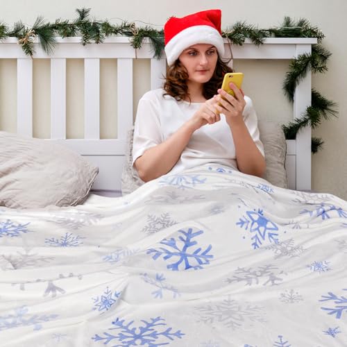 Blue Snowflake Christmas Throw Blanket 60x80in Ultra Soft Fleece Bed Decor