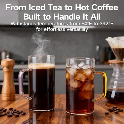 COMI 17oz Borosilicate Glass Mugs Set of 4 with Colorful Handles