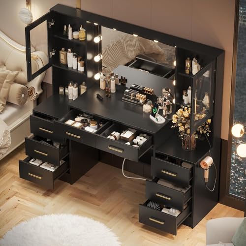 Large Black Vanity Desk with Lighted Mirror, Charging Station and 8 Drawers