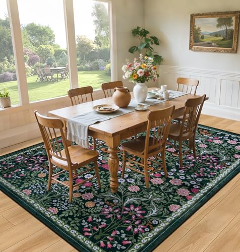 8x10 Washable Vintage Floral Area Rug - Non-Slip Dark Green Carpet