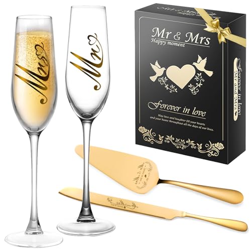 Mr and Mrs Champagne Flutes & Wedding Cake Knife Set (Gold, 4 Pieces) - Bltnever