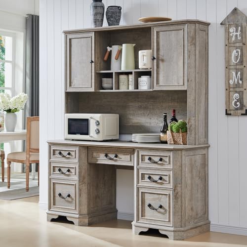 59-Inch Farmhouse Desk Hutch with Adjustable Storage Shelf, Rustic Oak
