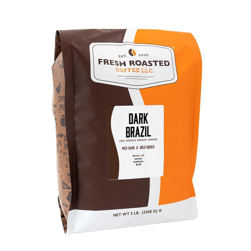 Fresh Roasted Coffee, Dark Brazil, 5 lb (80 oz), Med-Dark Roast, Whole Bean, Kosher