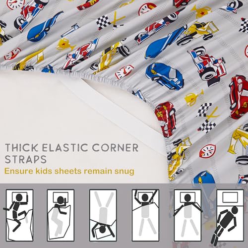 Twin Size Bed Sheet Set - 3-Piece Kids Racing Car Print with Deep Pockets