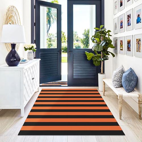 KILOCOCO 4x6 ft Fall Orange & Black Striped Woven Door Rug Halloween Decor