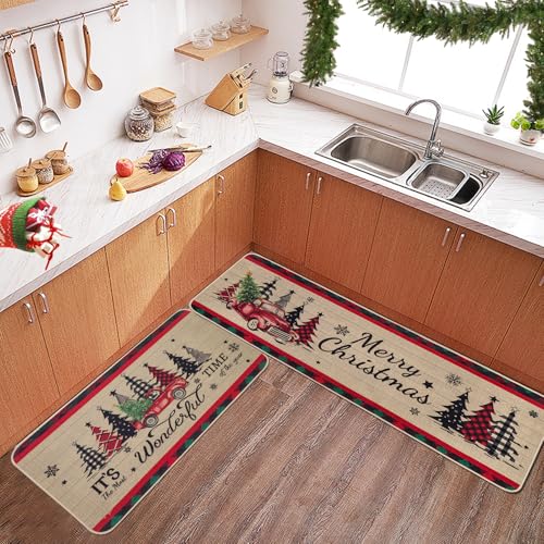 Christmas Kitchen Mats Set of 2 - Truck & Tree Runner Rugs, Brown