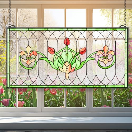 32"x16" Handcrafted Stained Glass Transom Window Panel - Floral Design