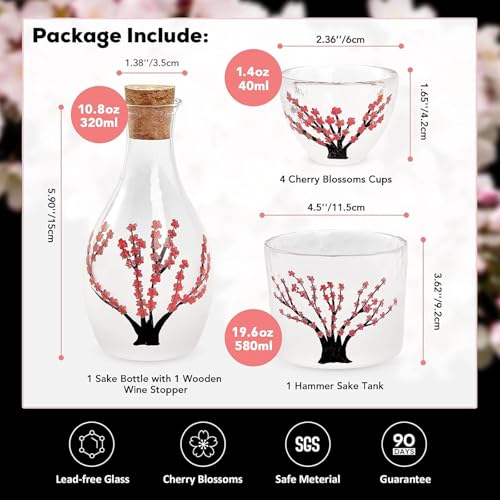 DUJUST Cherry Blossom Sake Set for 4 with Clear Glass Bottle & Cups - Pink Handcrafted Design