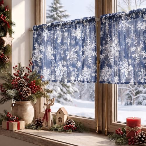 Horaldaily 2 Pack Christmas Sheer Window Valances 52x14in Snow Blue Foil