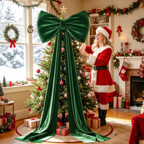 MODFUNS 75x23 Inch Dark Green Velvet Bow Christmas Tree Topper with Ribbon - Oversized Holiday Decoration