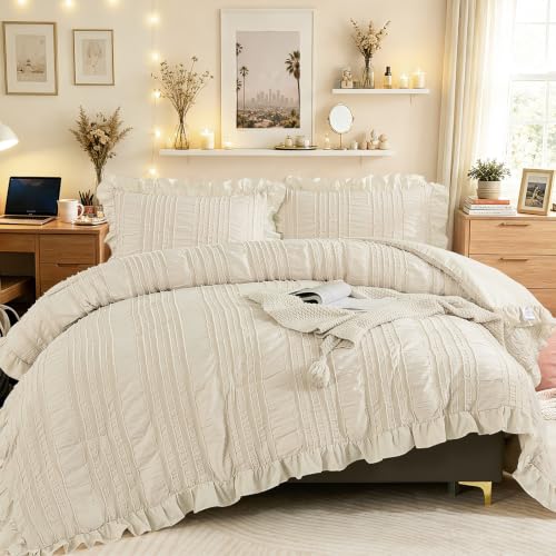 Boho Beige Seersucker Queen Comforter Set with Ruffles