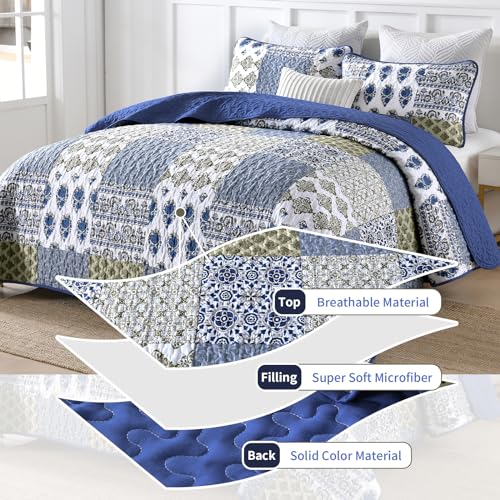 King Size Patchwork Floral Quilt Set - Aqua Blue Microfiber