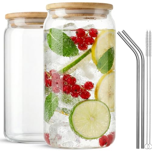 16oz Glass Iced Coffee Cups with Bamboo Lids and Straws - 2 Pack