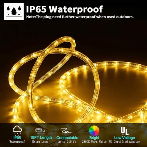 18ft LED Rope Lights, Connectable Warm White Outdoor String Lights