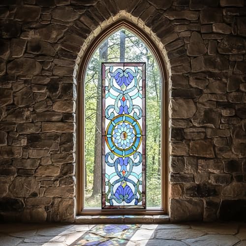 Victorian Stained Glass Window Panel - 35 x 12 Inches, Blue Design