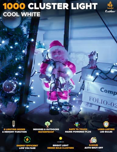 EcoNour 41 Ft 1000 LED Cluster Cool White Christmas Lights - 8 Modes